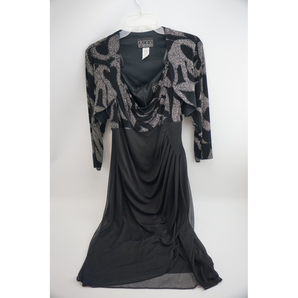 Alex‎ Evenings Dress Set 14 Black Silver Glitter Bolero Cowl Neck Excellent